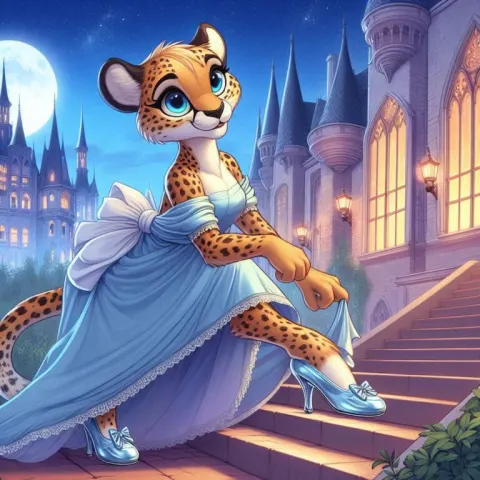 Cheetah Cinderella in Glass Slippers on Castle Stairs