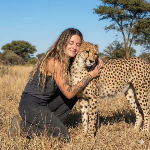 Woman Embracing Cheetah in Savannah