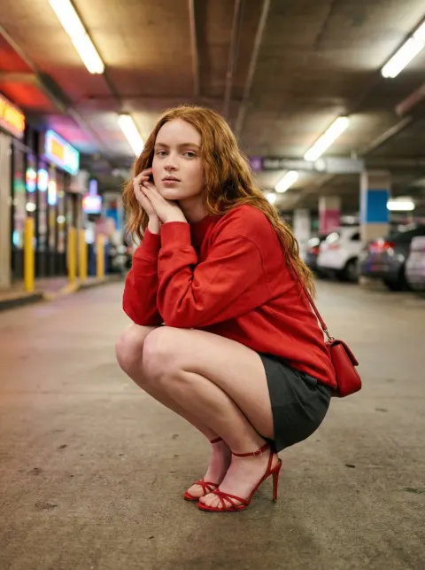 Red Outfit Crouching Urban Fashion Editorial