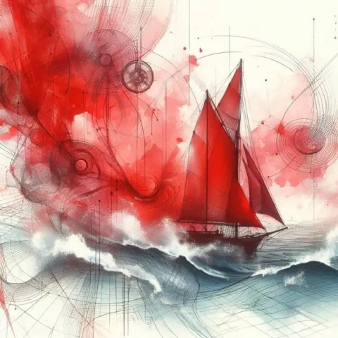 Red Sailboat on Map Abstract Watercolor With Ink Splashes