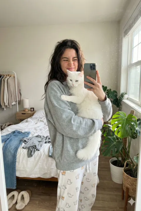 Cozy Mirror Selfie with Fluffy Cat