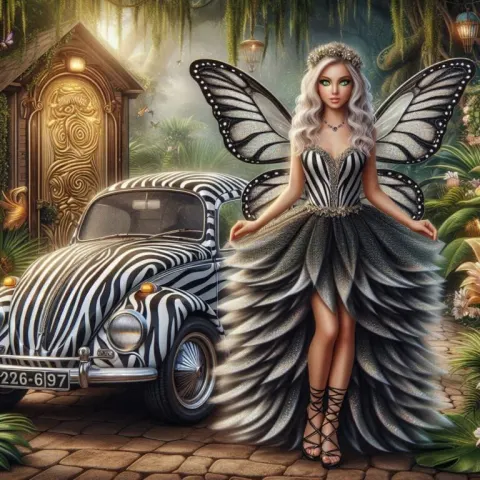 Zebra Fairy in Shimmering Striped Dress With Black Wings