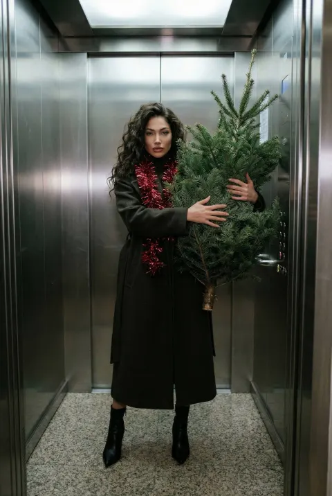 A woman in a long dark coat holds a small Christmas tree inside an elevator.