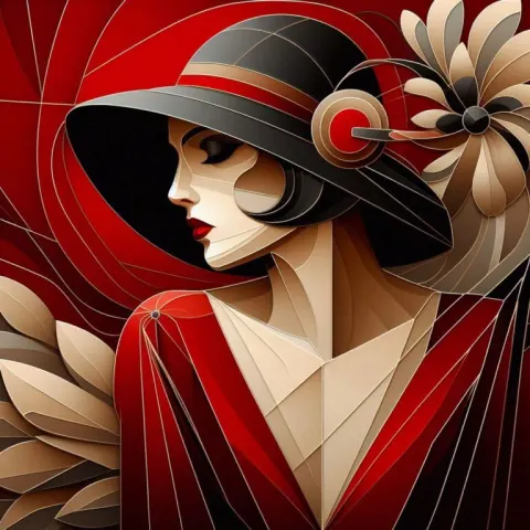 Woman in Red Dress and Black Hat Art Deco 3D Painting