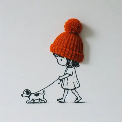 Wall Drawing of Girl Walking Dog With 3D Orange Hat