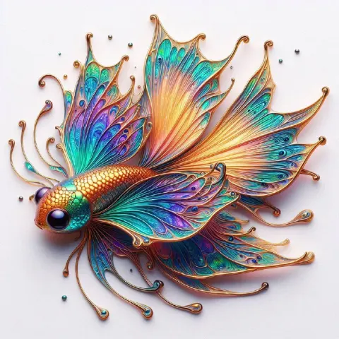 Iridescent Butterfly-Goldfish Hybrid Top View Outline Art