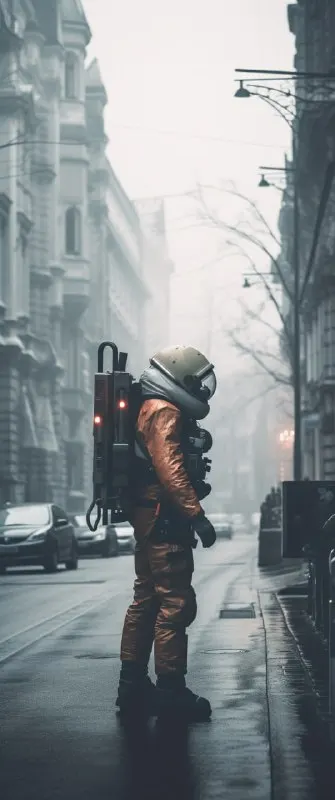 Spaceman Walking Foggy Gothic City Streets Dark Photo