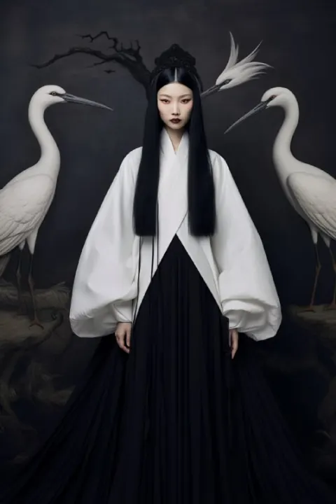 Ancient Chinese Beauty With Egrets Ink Painting Hanfu