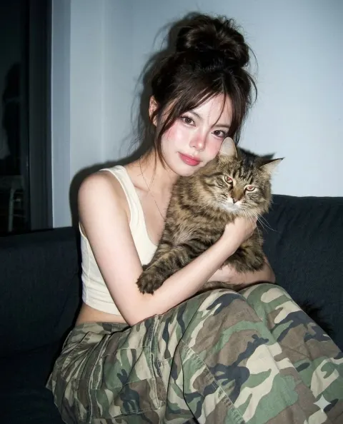 Vintage Digicam Girl Hugging Maine Coon