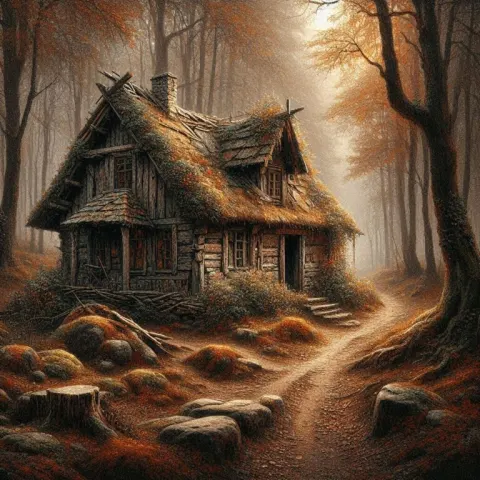 Crumbling Stone Cottage in Autumn Forest Oil Painting