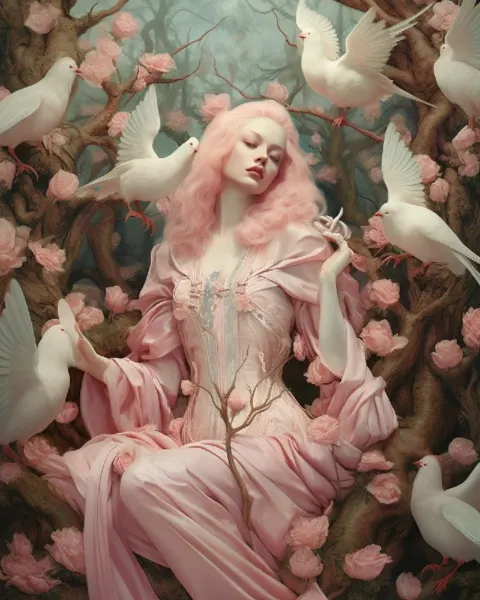White and Pink Woman in Green Forest Flowerpunk Portrait