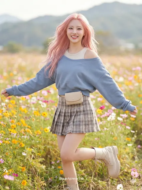 Pink-Haired Idol Running Through Cosmos Field
