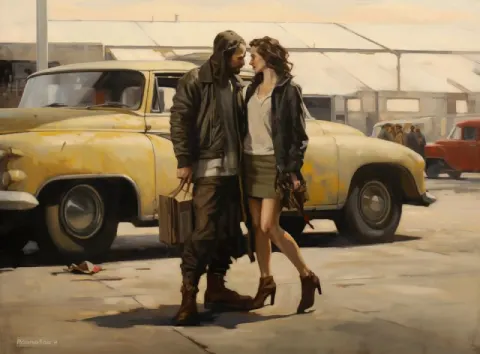Romantic Couple Walking by Car Post-Apocalyptic Painting