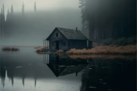 Sinister Foggy Lake Cabin Vintage 1970s Film Photo