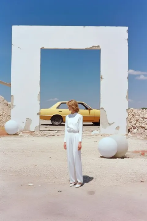 Model Beside White Car Surreal 1990s Architectural Chic