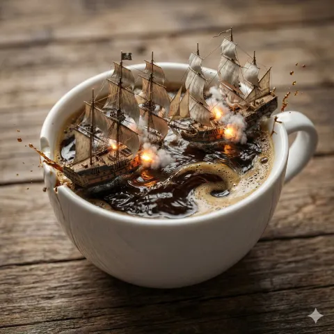 Tiny Warships in Coffee Storm