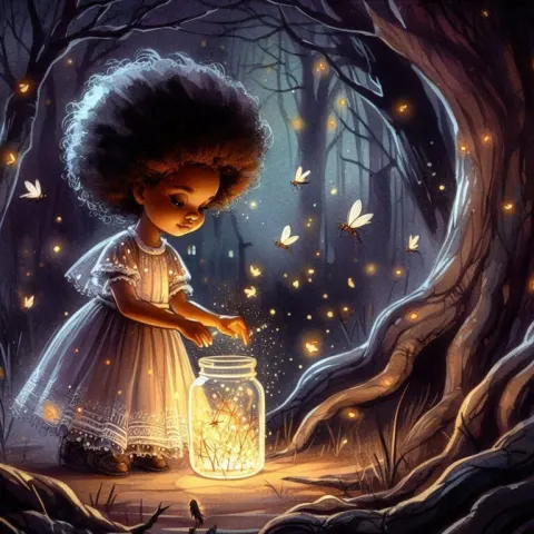 Girl Catching Fireflies in Jar Dark Fantasy Watercolor