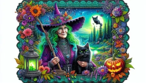 Old Witch With Black Cat Lantern and Fall Mushrooms