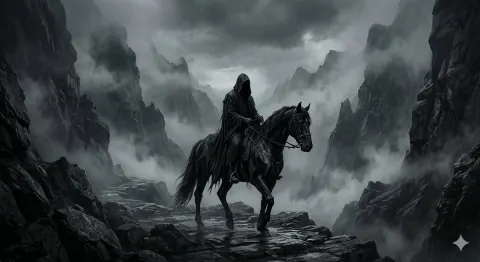 Hooded Rider in Misty Canyon