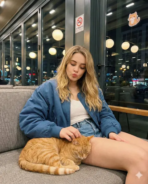 Blonde Girl Kissy Face with Cat