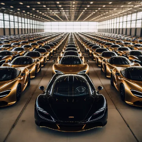 Black McLaren Speedtail Among Rows of Gold Cars