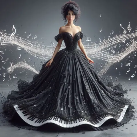 Black-Haired Woman in Musical Note Gown Photorealistic