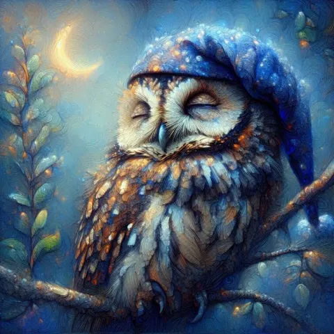 Sleeping Owl in Night Cap on Branch Indigo Painting