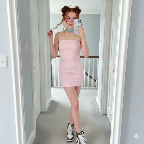 E-girl Pink Dress Mirror Selfie