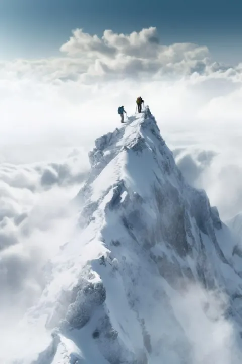 Two Hikers Walking Through Clouds on Snowy Mountain Top