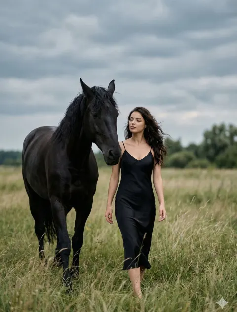 Woman Walking Beside Black Horse
