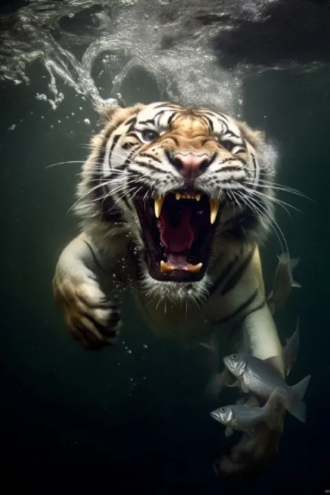 Tiger Catching Fish Underwater Hyper-Real Photography