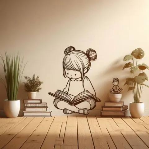 Wall Drawing of Girl Smelling Flower Among Plant Pots