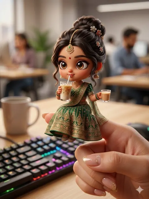 Chibi Doll Sipping Latte On Finger