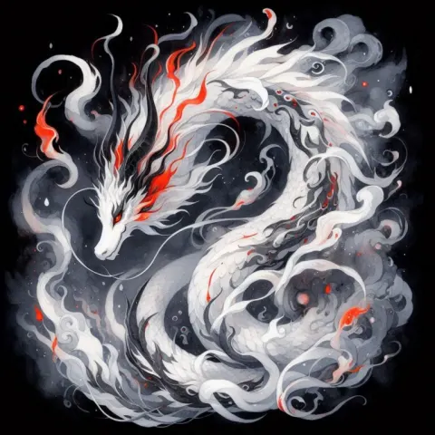 White Dragon With Flame Mane Digital Watercolor Painting