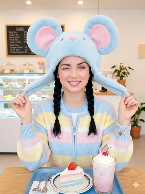 Winking Girl in a Pastel Café
