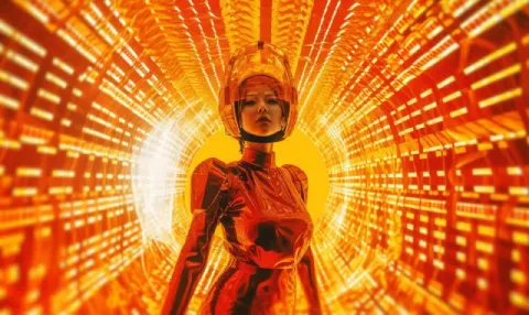 Cute Robogirl in Fractal Armor Entering Birdcage Wormhole