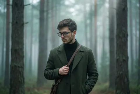 Solitary Walk Through Misty Pine Forest