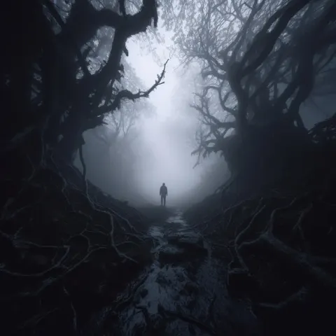 Gloomy Fantasy Well Under Heavy Fog First Person View