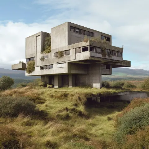 Brutalist Concrete Block Building Medium Format Photo