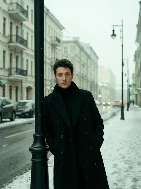 Man by Lamppost in Snow