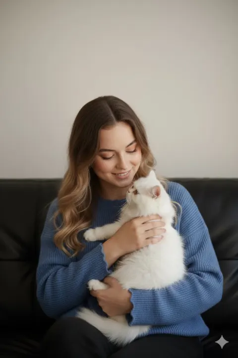 Woman Hugging White Persian Cat