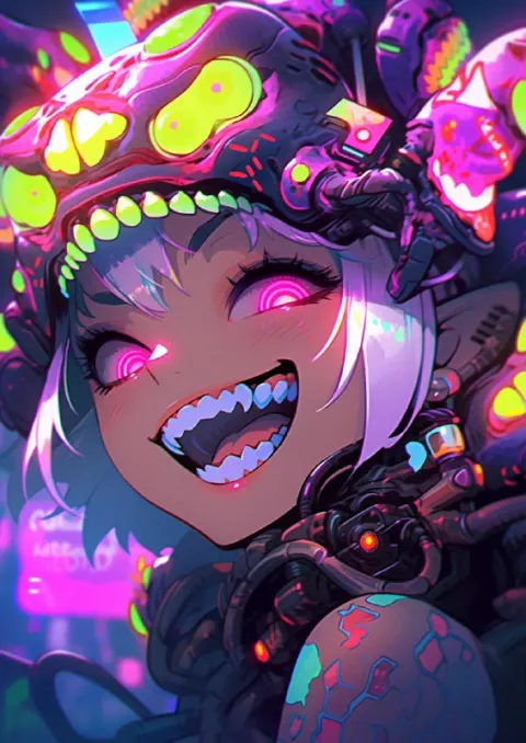 Cute Mollusk Girl Cyberpunk Alien in Neon Undersea City