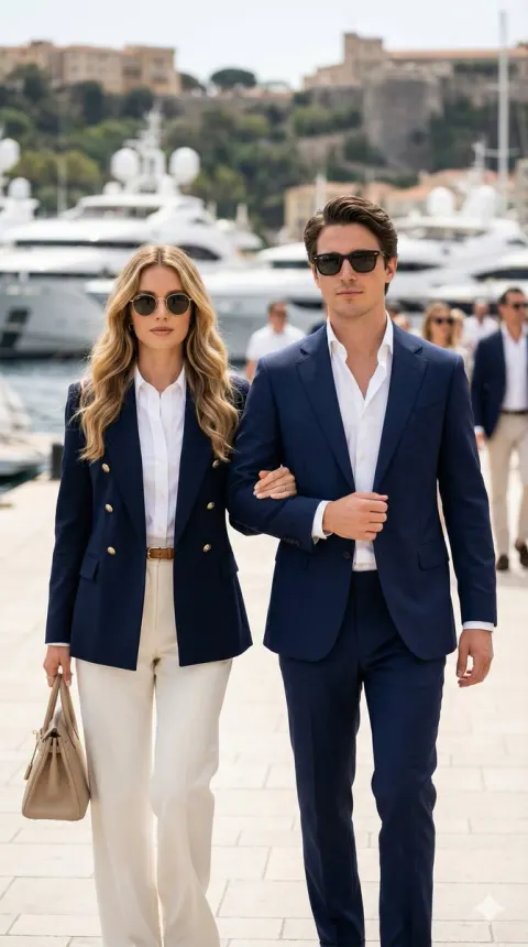 Quiet Luxury Couple Strolling Marina
