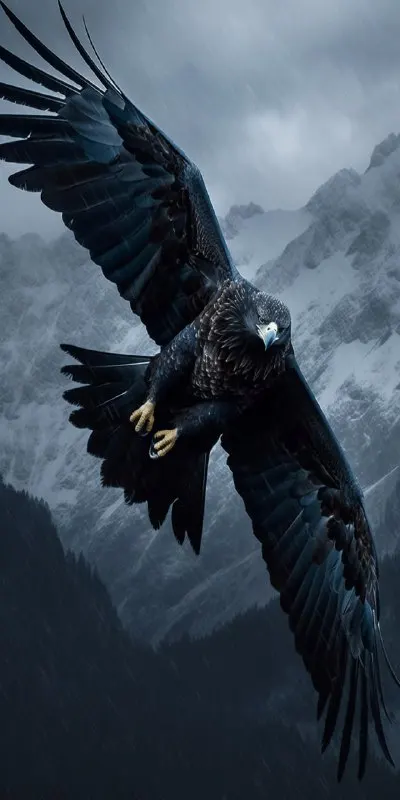Condor Flying Over Snowy Dark Age Mountains Aerial View