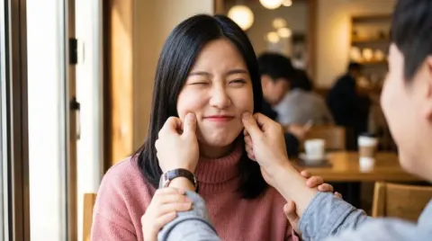 Playful Cheek Pinch In Cozy Cafe
