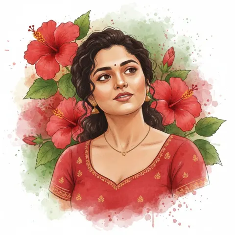 Stylized Watercolor Red Dress Beauty