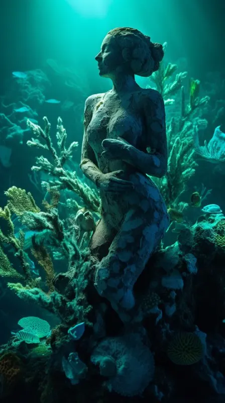 Stone Woman Sculpture Overgrown With Luminescent Corals