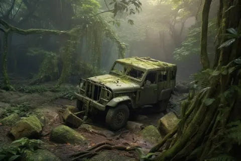 Overturned SUV Trapped in Ancient Jungle Rock Photo