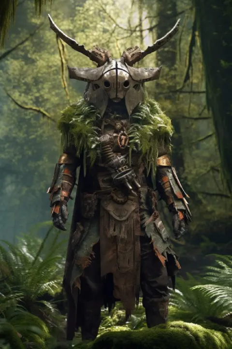 Tribal Warforged Druid in Hau Mask Forest CGI Art