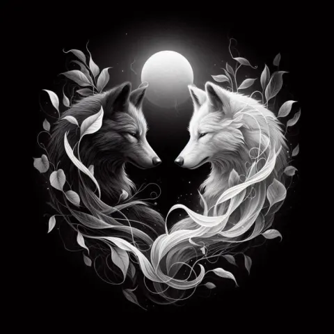 Two Wolves Balance Harmony Black and White Surreal Art